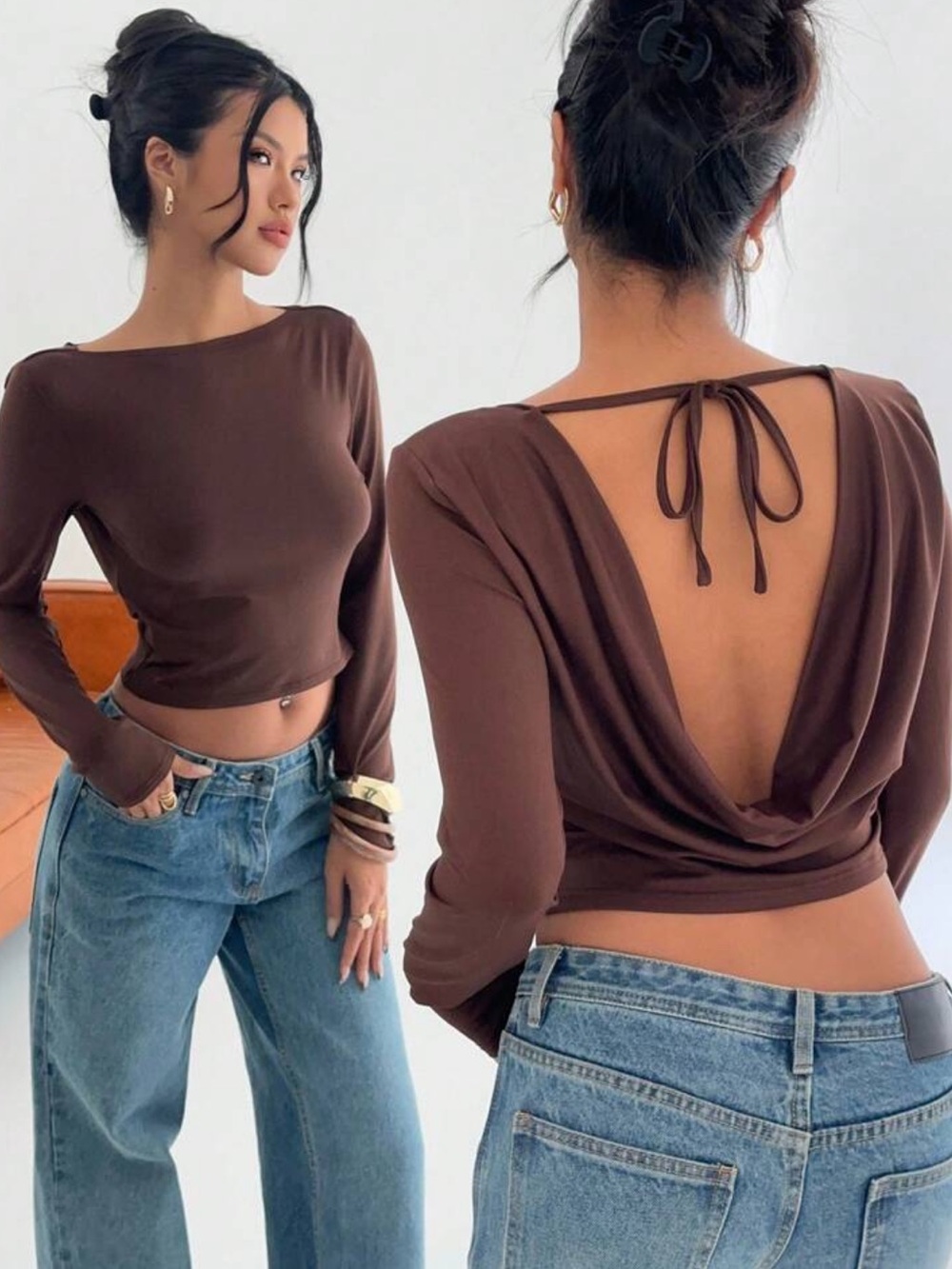SHEIN Brown Open-Back Long Sleeve Crop Top